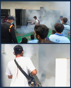 Rumah Tahanan Negara Kelas IIB Pangkalan Brandan melaksanakan penyemprotan fogging secara menyeluruh di blok hunian. (Ist)