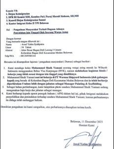 Warga Bagan Deli, Medan Belawan, bernama Awal Yatim Syahputra (54) melayangkan laporan resmi kepada sejumlah instansi pemerintah terkait dugaan penyalahgunaan izin tinggal oleh seorang warga negara asing (WNA) bernama Muhammed Shaik Yamani.