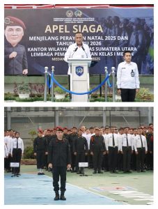 Rutan Kelas I Medan turut ambil bagian dalam pelaksanaan Apel Siaga Natal dan Tahun Baru (Nataru) yang digelar oleh Kantor Wilayah Direktorat Jenderal Pemasyarakatan (Ditjenpas) Sumatera Utara.