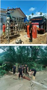 Personel Batalyon A Pelopor Satuan Brimob Polda Sumatera Utara melaksanakan pembuatan sumur bor beserta pemasangan tandon air, dan pembersihan selokan dari material lumpur yang menyumbat menghambat aliran air.