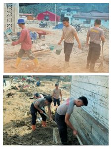 Personel Batalyon C Satuan Brimob Polda Sumatera Utara, membangun fasilitas MCK di rumah ibadah dan melakukan pembersihan rumah warga yang terdampak material pasir, kayu, dan batu.