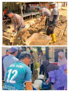 Personel Batalyon A Pelopor melaksanakan pembersihan parit serta pendistribusian air bersih bagi warga yang terdampak kondisi pascabencana.