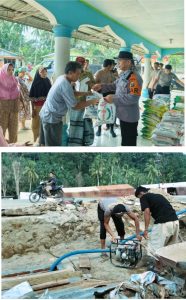 Personel Batalyon C Satuan Brimob Polda Sumatera Utara menyalurkan bantuan sembako berupa beras kepada masyarakat Desa Aek Ngadol dan membersihkan sumur yang akan digunakan warga.