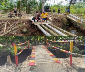 Satuan Brimob Polda Sumatera Utara membangun jembatan darurat di Desa Somanggal Parmonangan, Kecamatan Sayur Matinggi, Kabupaten Tapanuli Selatan.