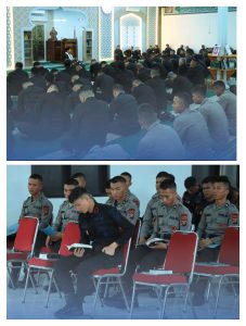 Personel Satuan Brimob Polda Sumut mengikuti Pembinaan Rohani dan Mental (Binrohtal) di Masjid Al Barokah dan Gereja Oikumene Ksatriaan KE Lumi, kawasan Mako Satuan Brimob Polda Sumut.