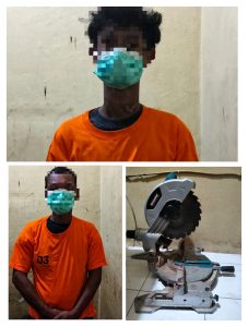 Dua pelaku FAQ (20) dan TS (51) beserta barang bukti mesin pemotong aluminium.